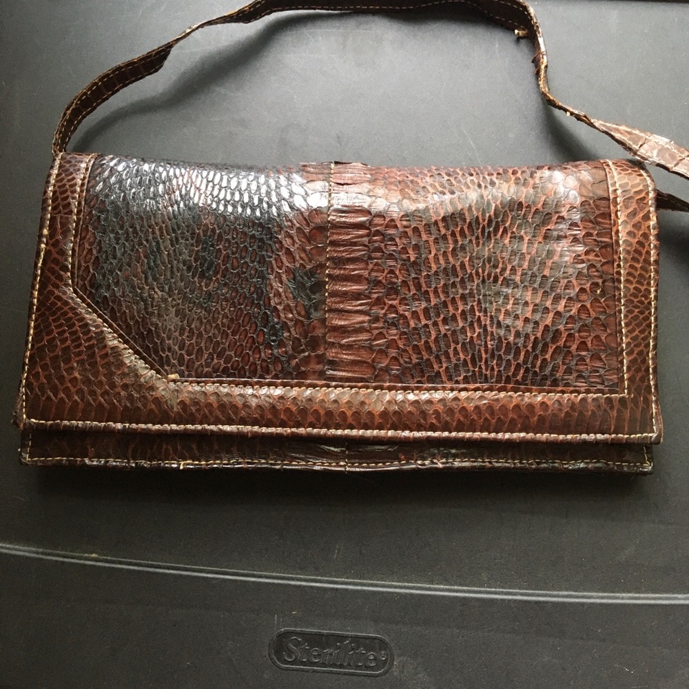 ANACONDA SNAKESKIN CLUTCH Envelope Brown Crossbody Detachable Strap Vintage
